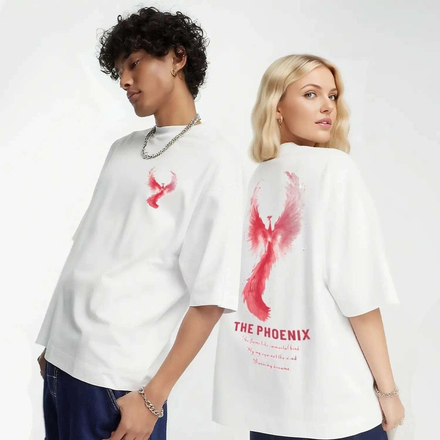 New Arrivals Summer Thermochromic Effect Phoenix Rebirth Print Pure Cotton Loose Crew Neck Couple Tee