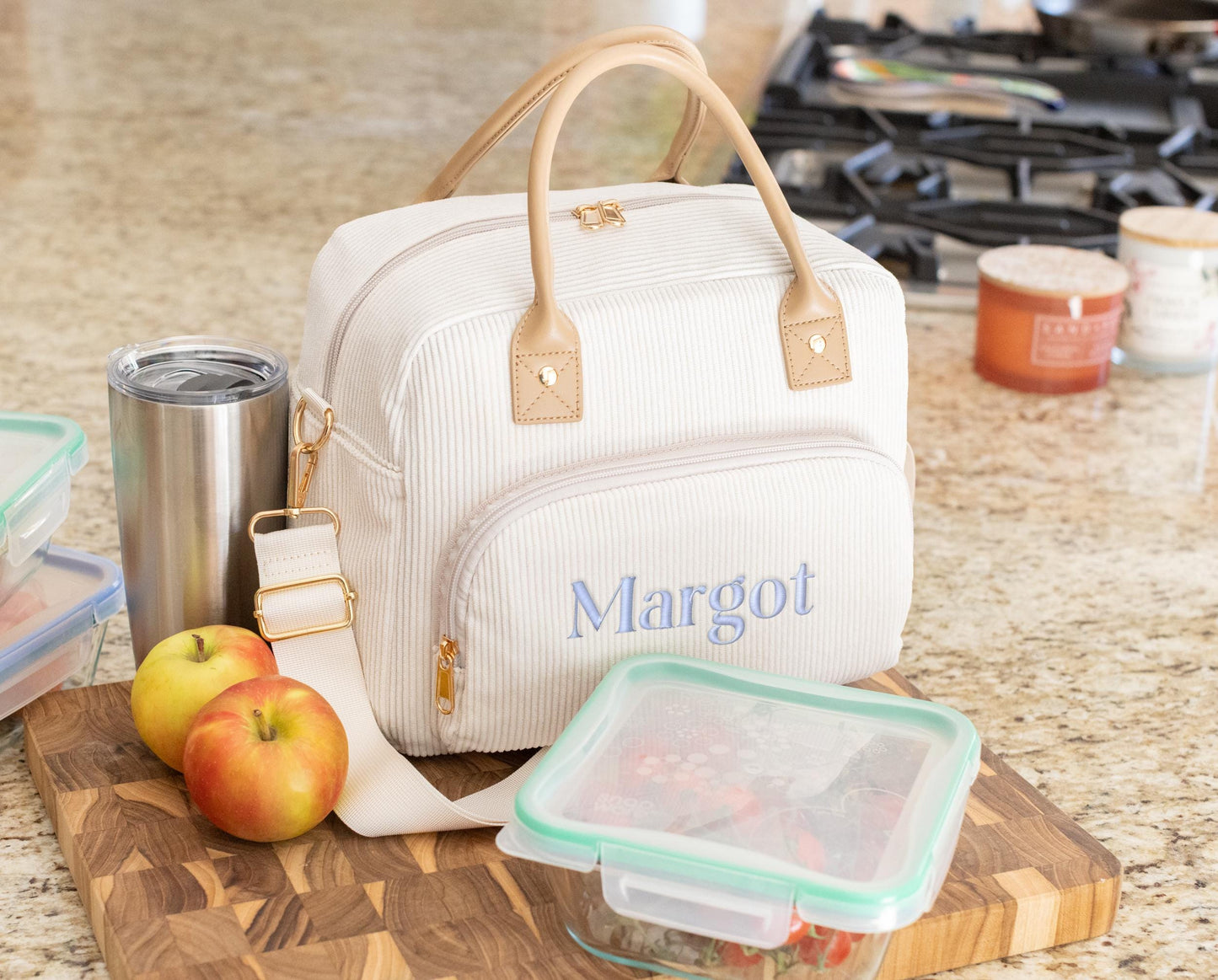 Custom corduroy lunch bag, a personalized gift for mom, women's insulated cooler bag