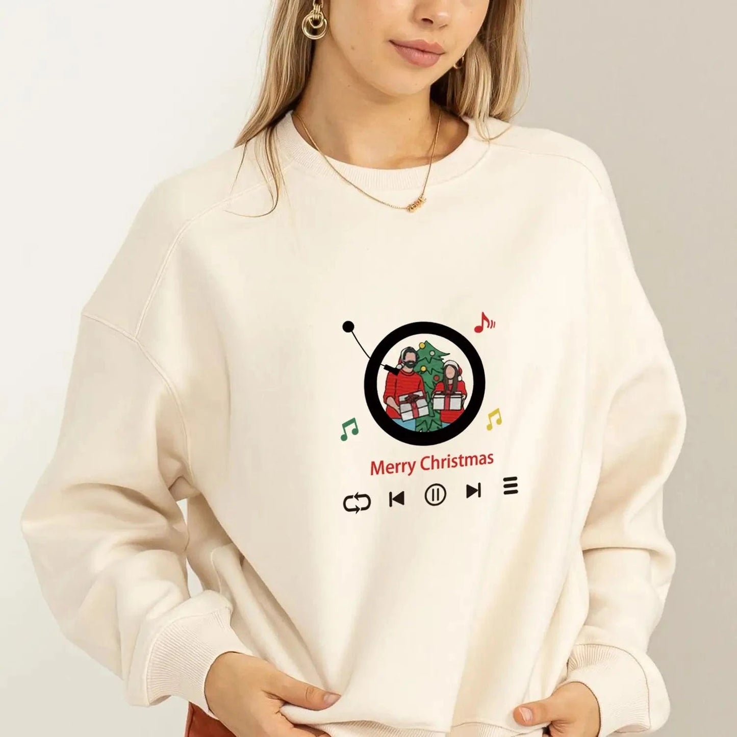 Personalized embroidered sweatshirt with custom portrait and music player artwork
white
