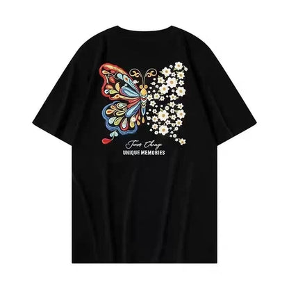 New Arrivals Summer UV-Chromic Butterfly Print Heavyweight Cotton Loose Crew Neck Couple Tee