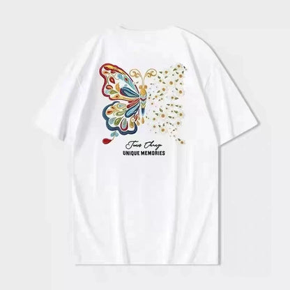 New Arrivals Summer UV-Chromic Butterfly Print Heavyweight Cotton Loose Crew Neck Couple Tee