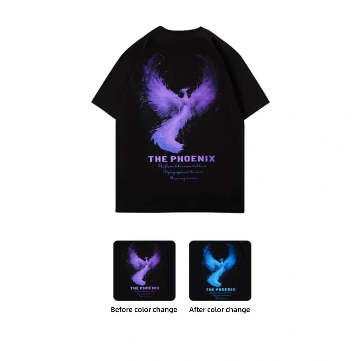 New Arrivals Summer Thermochromic Effect Phoenix Rebirth Print Pure Cotton Loose Crew Neck Couple Tee