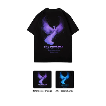 New Arrivals Summer Thermochromic Effect Phoenix Rebirth Print Pure Cotton Loose Crew Neck Couple Tee