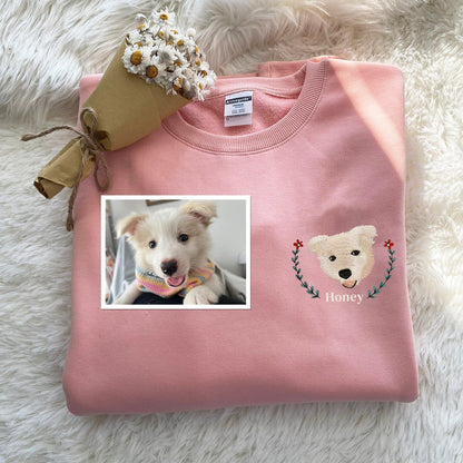 Detailed embroidered pet face created from photo on custom sweatshirt
pink
