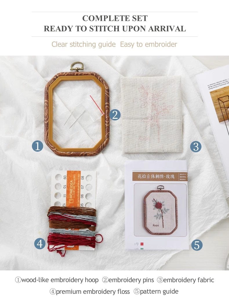 New Arrivals 3D Floral Beginner Embroidery Kit with Wooden Frame