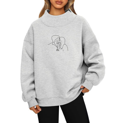 Embroidered women's sweatshirt Long sleeve high neck pullover sweatshirt casual hoodie and fleece top