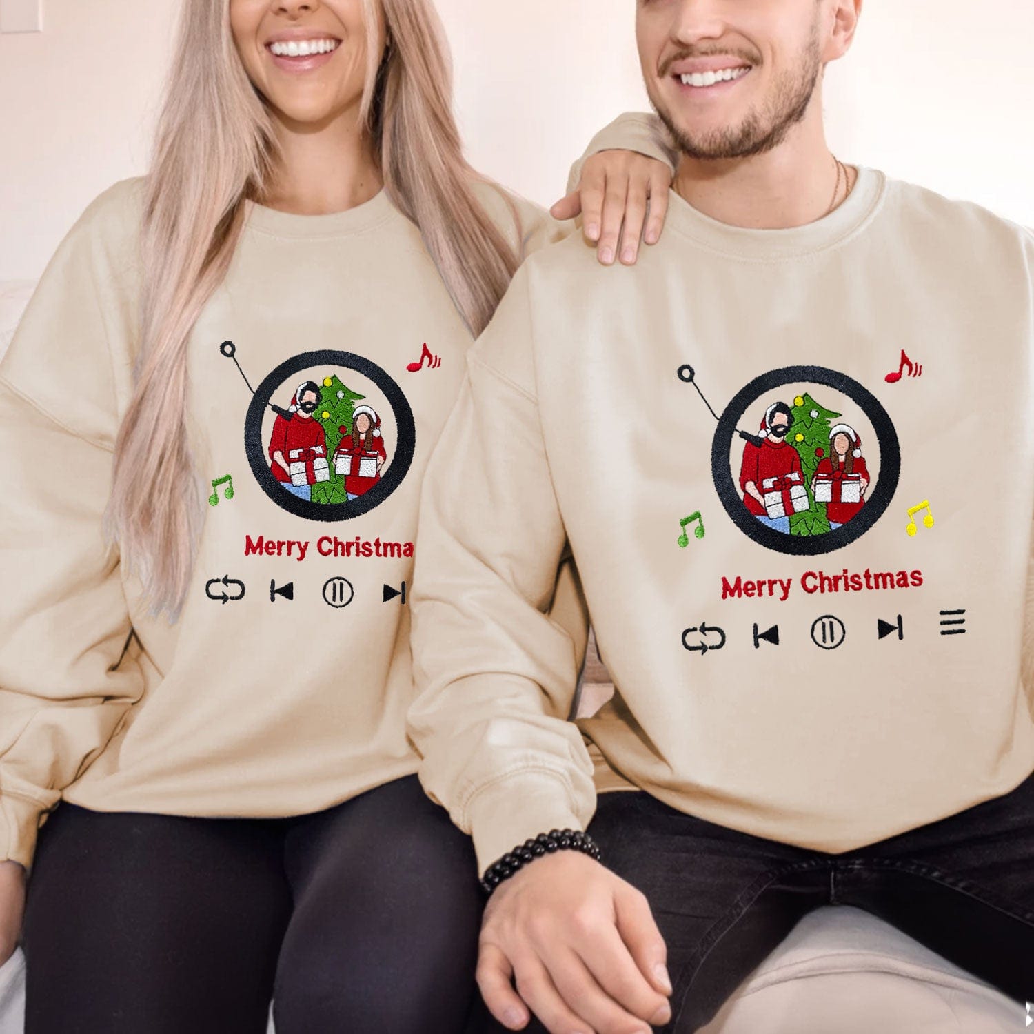 Custom embroidered portrait sweatshirt featuring music player design, personalized couple and family gift
