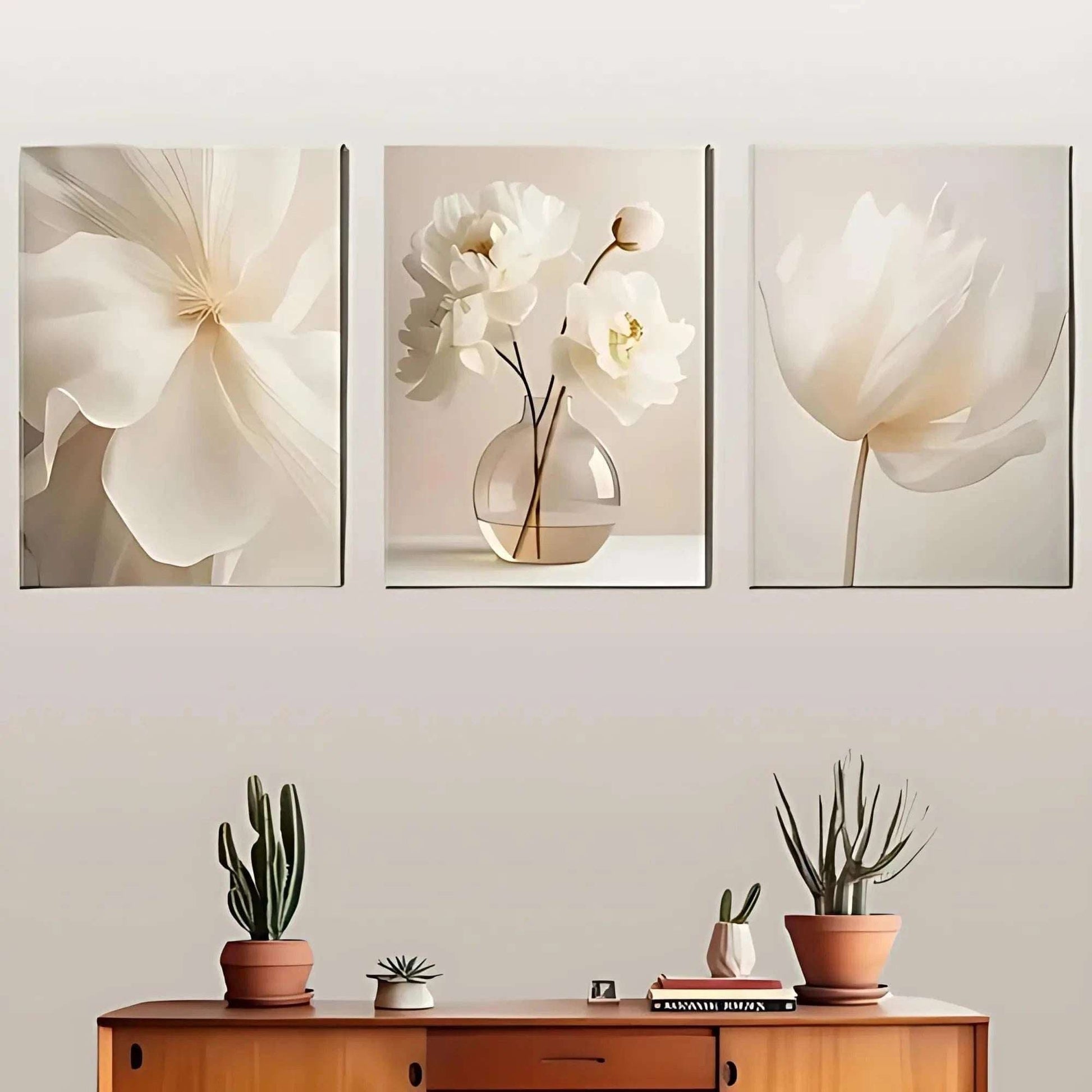 Triple Delight: Beige Floral 2D Printed Framed Art - Ideal for Every Room & a Perfect Gift!