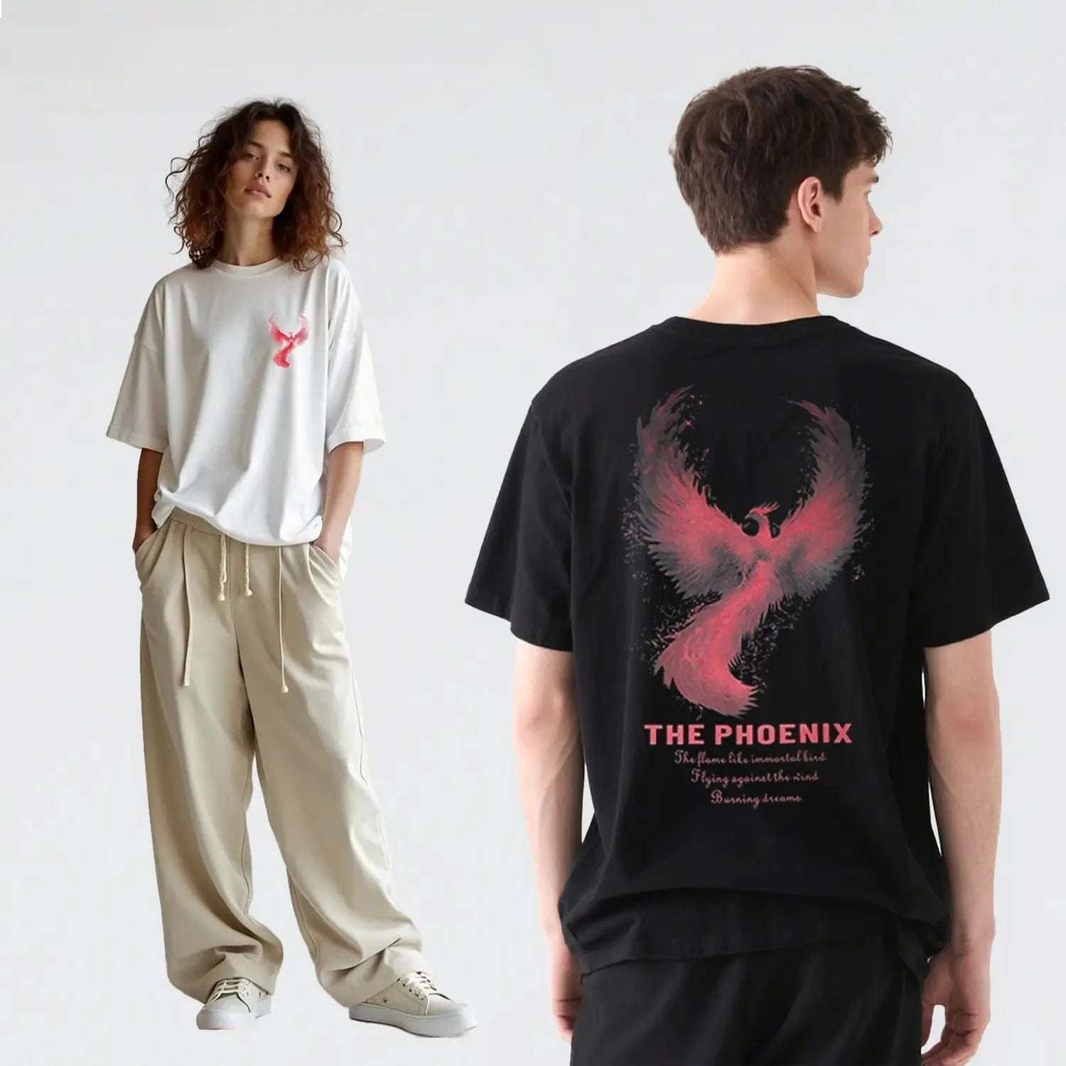 New Arrivals Summer Thermochromic Effect Phoenix Rebirth Print Pure Cotton Loose Crew Neck Couple Tee