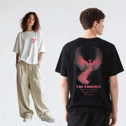 New Arrivals Summer Thermochromic Effect Phoenix Rebirth Print Pure Cotton Loose Crew Neck Couple Tee