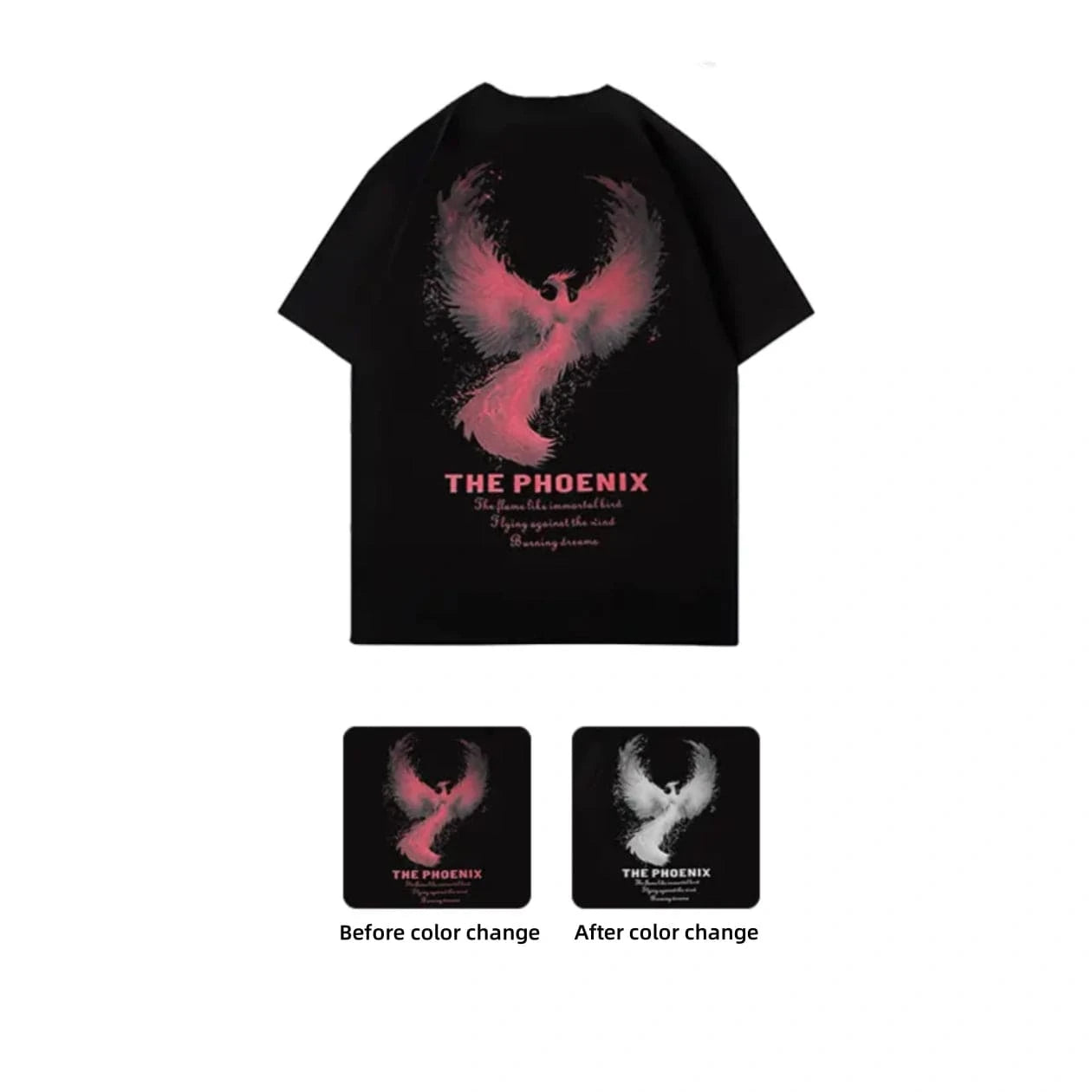 New Arrivals Summer Thermochromic Effect Phoenix Rebirth Print Pure Cotton Loose Crew Neck Couple Tee