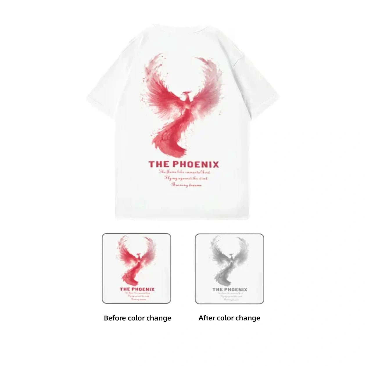 New Arrivals Summer Thermochromic Effect Phoenix Rebirth Print Pure Cotton Loose Crew Neck Couple Tee