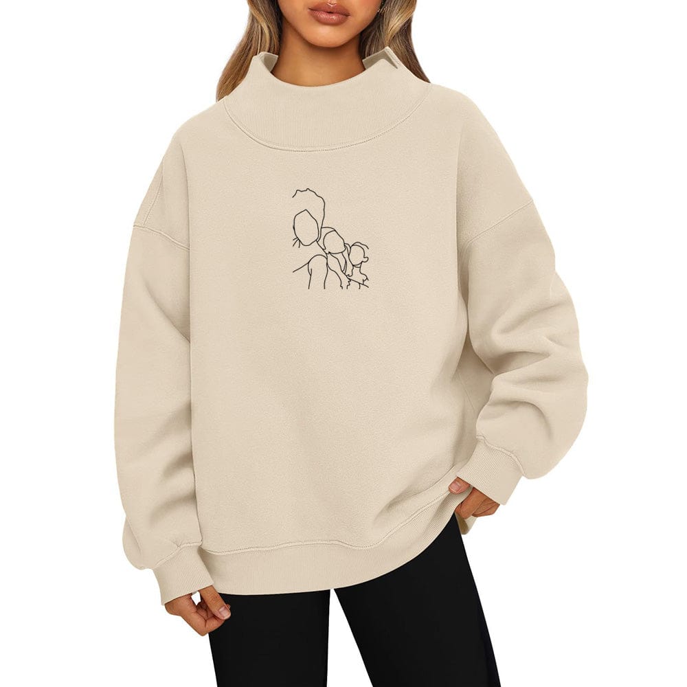 Embroidered women's sweatshirt Long sleeve high neck pullover sweatshirt casual hoodie and fleece top