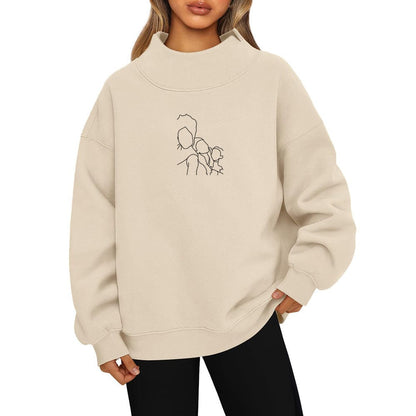 Embroidered women's sweatshirt Long sleeve high neck pullover sweatshirt casual hoodie and fleece top