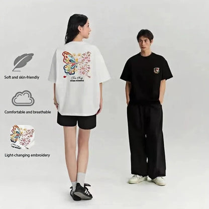 New Arrivals Summer UV-Chromic Butterfly Print Heavyweight Cotton Loose Crew Neck Couple Tee
