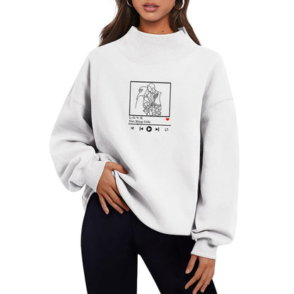 Embroidered women's sweatshirt Long sleeve high neck pullover sweatshirt casual hoodie and fleece top
