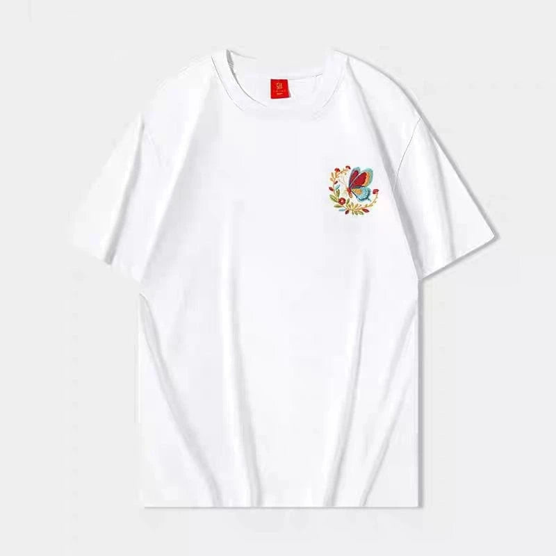 New Arrivals Summer UV-Chromic Butterfly Print Heavyweight Cotton Loose Crew Neck Couple Tee