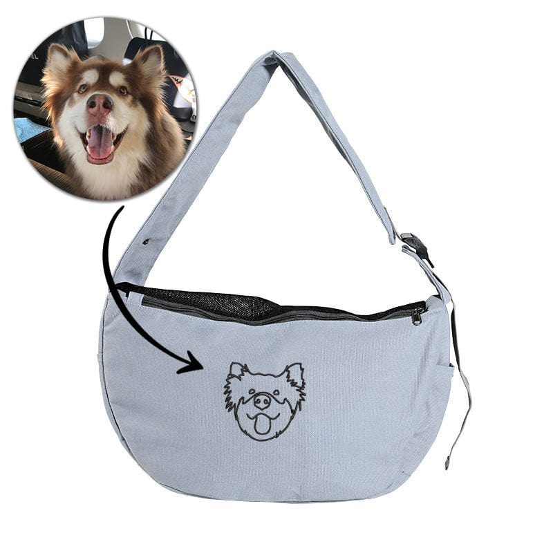 Personalised Grey dog Sling Carrier for small dog image - Custom embroidered pet sling Carrier - Custom hands free Doogie Sling chest bag