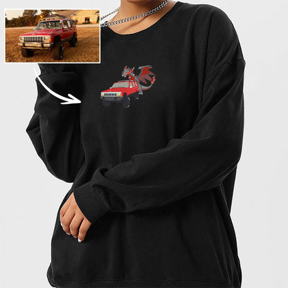 Custom Embroidered Round Neck Sweatshirt featuring a Car and Dragon Design - A Stylish Gift for Couples this Autumn and Winter.