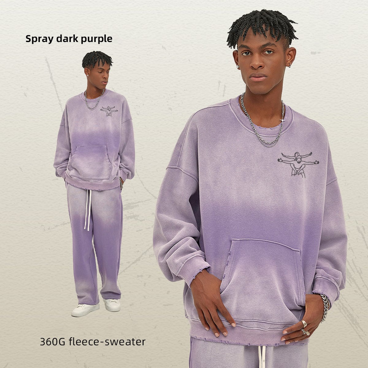 Personalized embroidered 360g spray-dyed pocket old crewneck hoodie