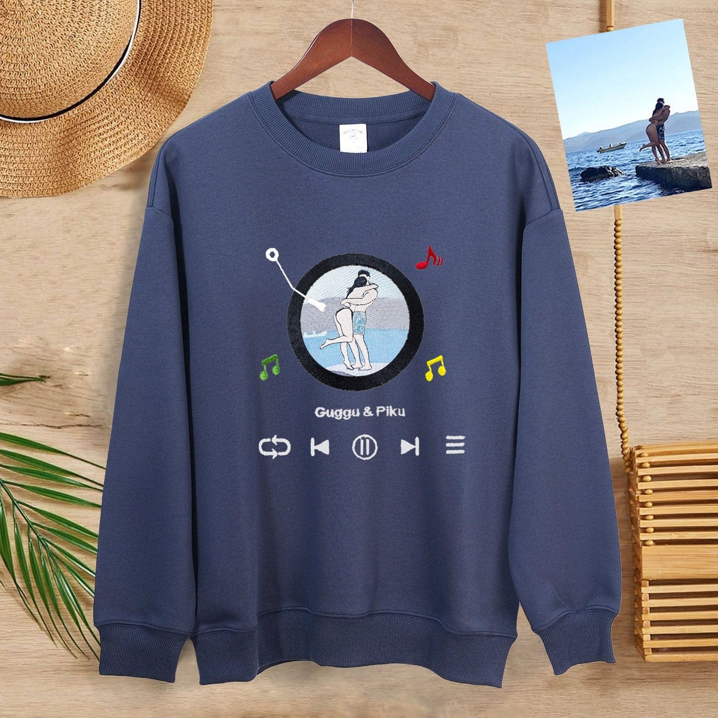 High-quality embroidered stitching and soft fabric on custom portrait sweatshirt
