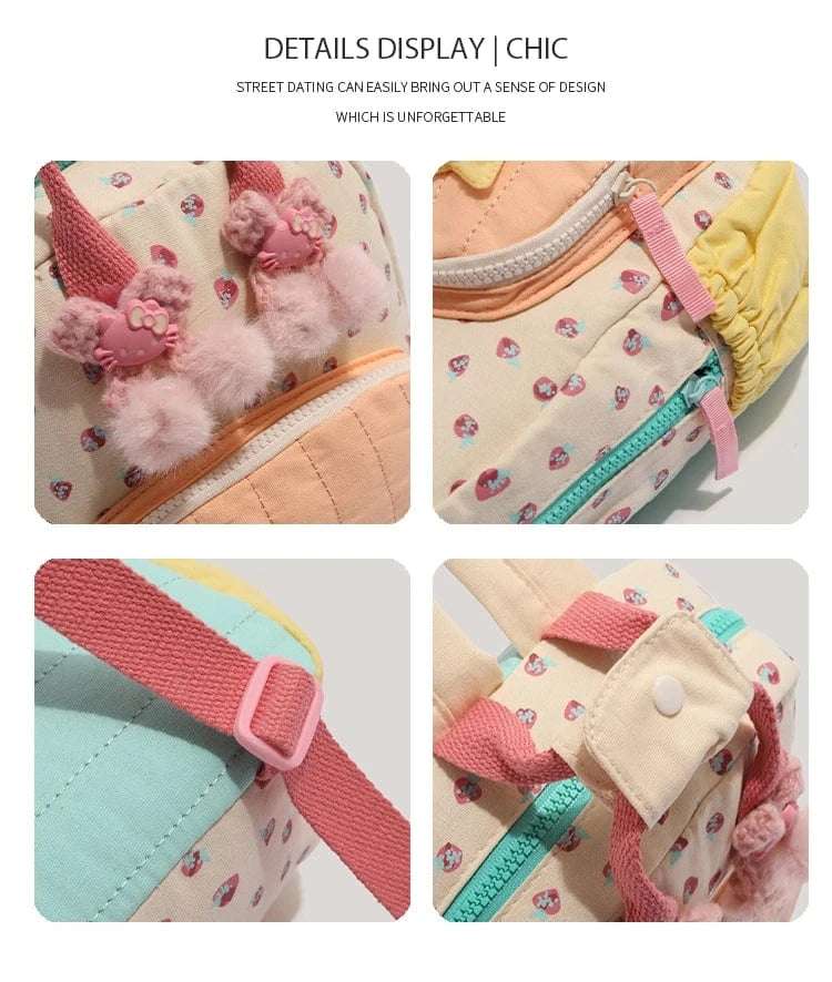 New Arrivals Kids' Strawberry Print Backpack - Dopamine Color-Block Cute Canvas Shoulder Bag